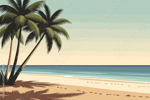 Fotografija Idyllic Tropical Beach: Serene tropical beach with two swaying palm trees casting long shadows on the golden sand, overlooking a calm turquoise ocean under a clear, serene sky