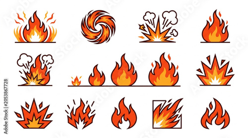 Obraz na plátně Collection of cartoon style fire and explosion icons.