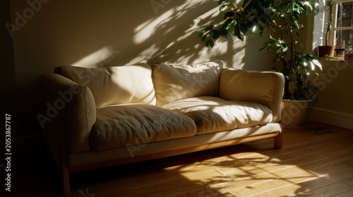 Sunlight streams through a window casting dramatic leaf shadows across a comfortable domestic seating area.