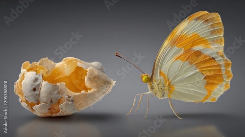 Colorful winged insect with an empty chrysalis rests on a smooth surface