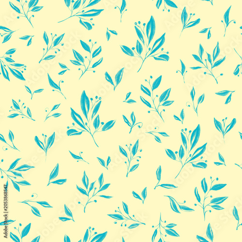 Decorative seamless pattern with hand-drawn teal blue leaves and delicate berries on branches, spread randomly across a pale yellow background. This botanical motif suggests nature and freshness.