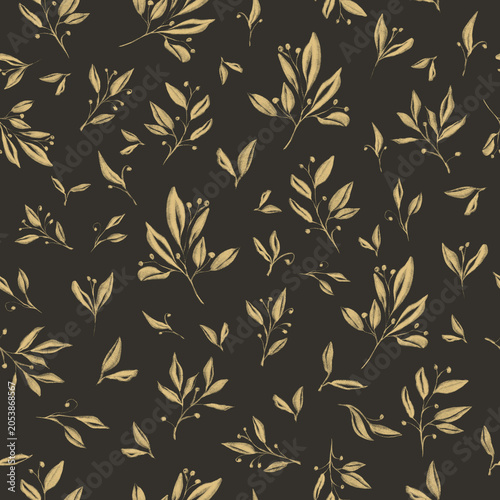 A beautiful seamless pattern featuring scattered golden leaf branches and berries on a deep charcoal background.