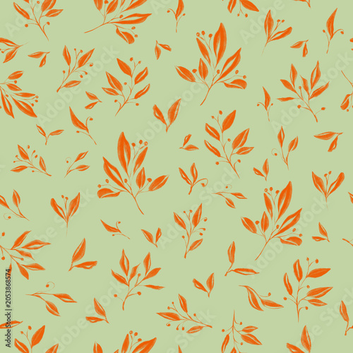 Vibrant orange leaves and tiny berries form a seamless hand drawn pattern on a fresh light green background. Perfect for fabric, wallpaper, branding, and web design projects.