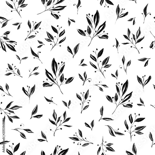 Hand drawn black leaves and small berries create an elegant seamless pattern on a crisp white background. This versatile botanical design is ideal for fabric, wallpaper, branding, and packaging.