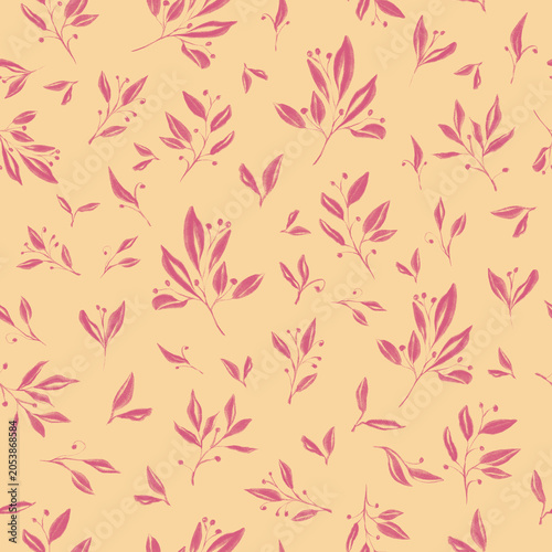A graceful seamless pattern featuring hand drawn pink leaves and berry branches with a watercolor texture. Ideal for fabric, wallpaper, gift wrap, and stationery designs.