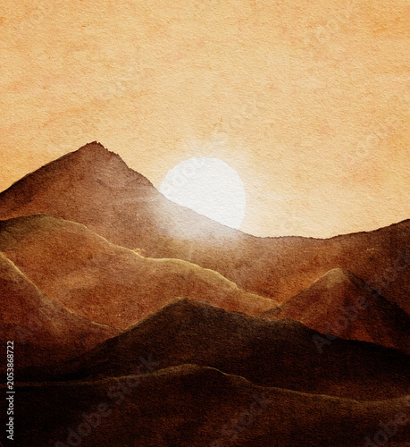 A serene landscape illustration depicts a large, bright sun descending behind a range of layered mountains.