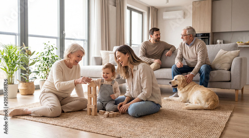 Happy multigenerational family spending quality time together at home, three generations including grandparents, parents and child enjoying playtime in a modern living room