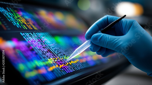 DNA sequencing laboratory with scientist handling sample, genetic research, biotechnology, genomic data analysis, medical diagnostics, precision medicine, bioinformatics screen and