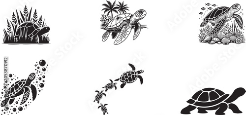 Turtle icons, sea turtle illustrations, ocean animal graphics, black and white vector set