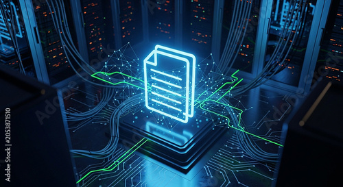 Digital document icon floating above a server processor in a hightech data center, representing cloud storage, data management, and information technology infrastructure
