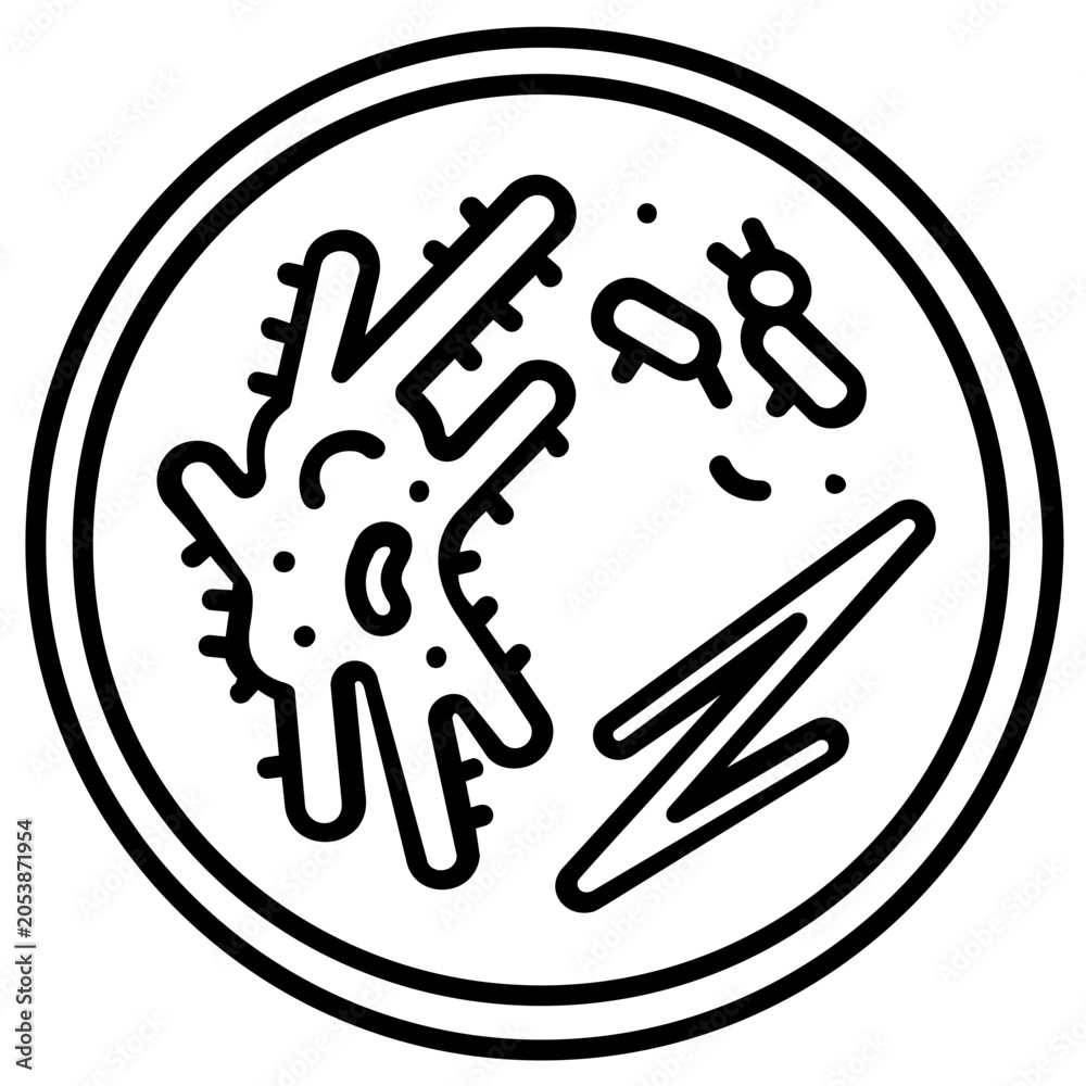 Fototapeta premium Professional round glass petri dish vector icon illustration for laboratory experiments, microbiology samples, and clinical research, featuring a simple flat line art design on white background.