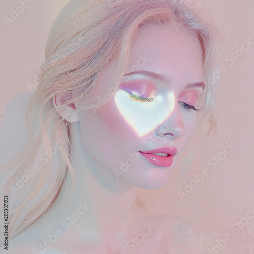 Female model with serene expression, colorful light reflection on face, soft background