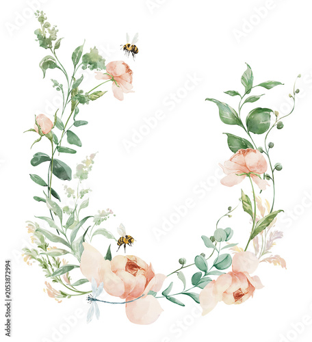 Obraz na płótnie Watercolor summer garden floral wreath, blooming flowers wedding frame invitatio