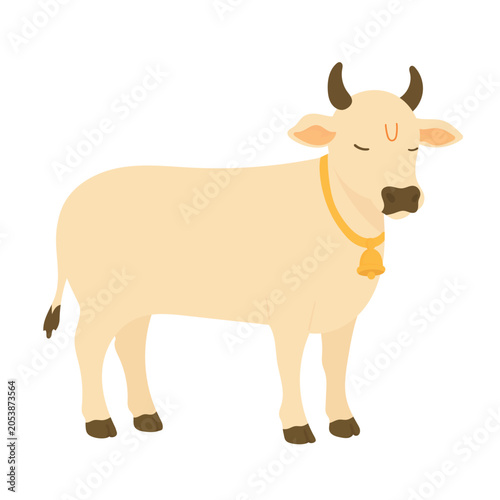 Sacred Hindu cow with a golden bell collar and forehead tilak, minimalist flat vector illustration with soft colors.
