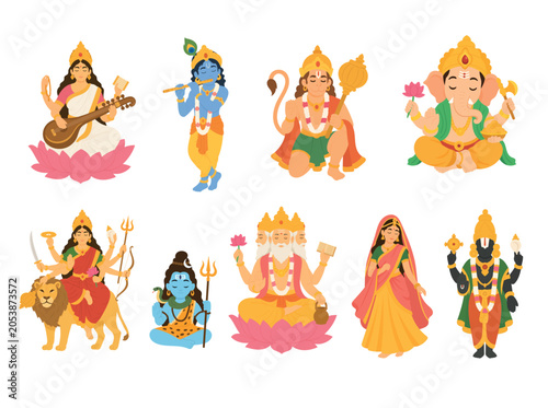Collection of Hindu deities including Saraswati, Krishna, Hanuman, Ganesha, Durga, Shiva, Brahma, Radha and Balaji in flat vector style illustrations.