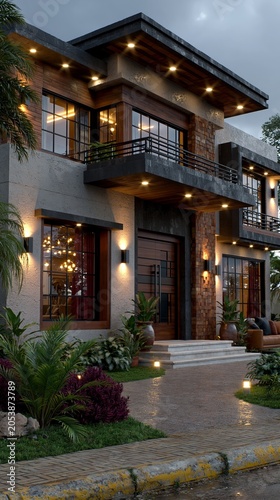 A modern luxury home exterior features warm lighting and lush landscaping, serving as an aspirational background for real estate and architectural design concepts.