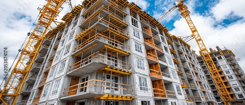 Towering yellow cranes frame a multi-story concrete structure under construction against a cloudy sky background, symbolizing urban development and industrial progress.