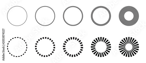 Progressive radial dashed circles and growth indicator, abstract geometric circle frames vector pack