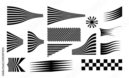 Modern racing stripes and futuristic techno decals vector set for cars, bikes and motorcycles with dynamic speed lines and checkered finish elements.