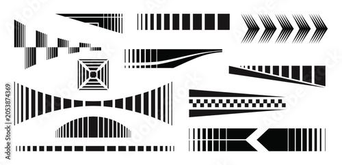 Abstract motorsport racing stripes and halftone speed lines decal vector set.