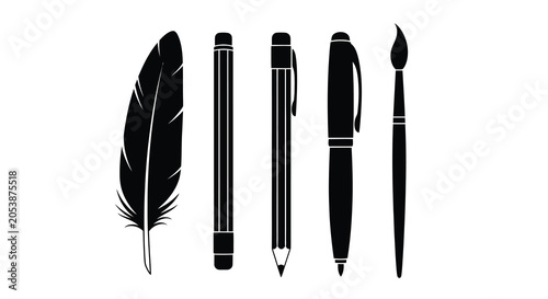 Schilderij op canvas Writing implements and paintbrush black silhouette pen