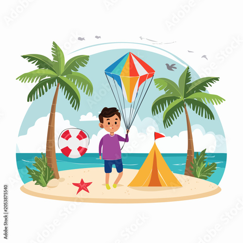 Boy on Tropical Island with Kite and Tent
