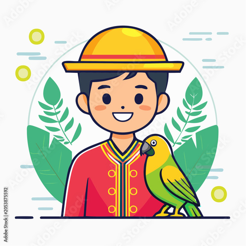 Boy with Parrot and Tropical Leaves