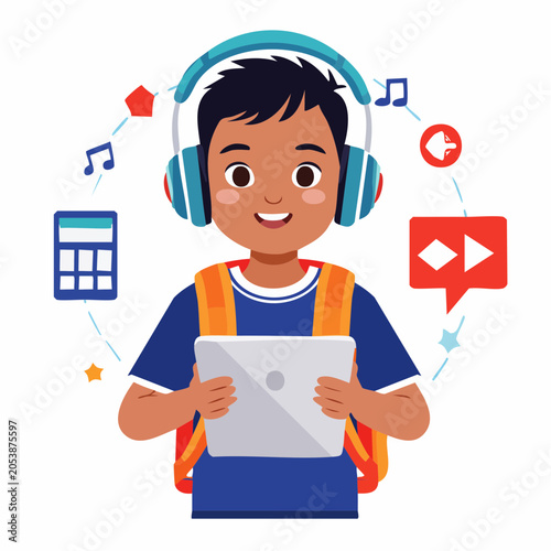 Boy with Headphones and Tablet Learning