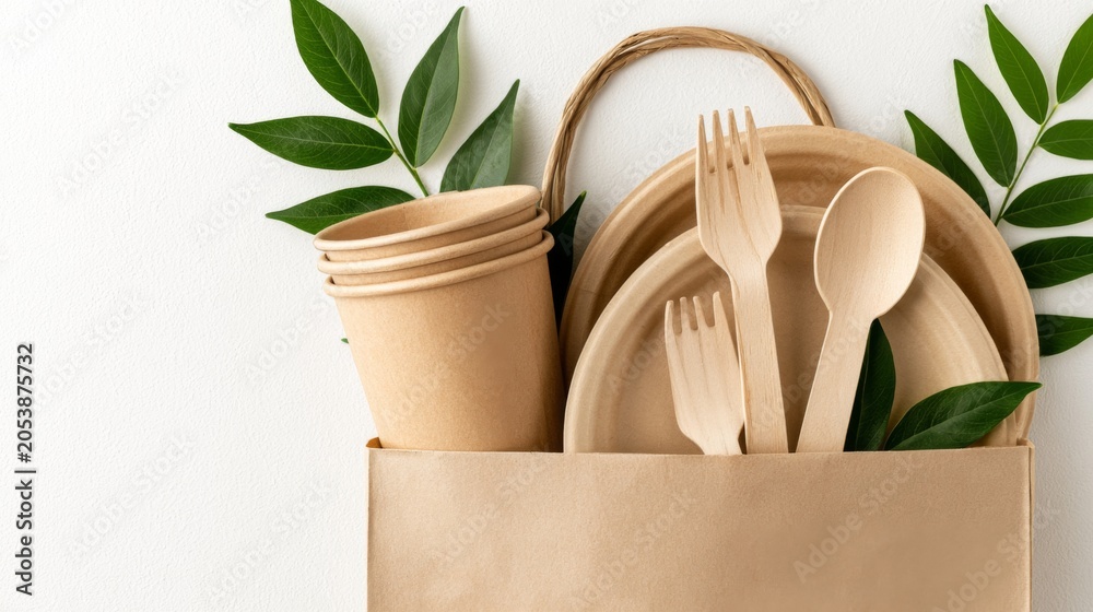 Obraz Eco friendly paper cups plates and wooden cutlery in kraft bag with green leaves