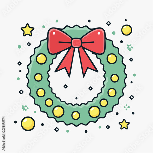 Christmas Wreath with Red Bow and Yellow Ornaments