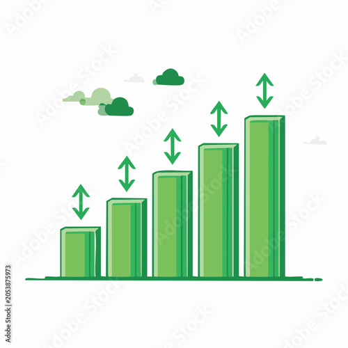 Green Bar Chart with Up and Down Arrows and Clouds