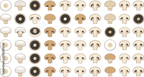 Flat Champignon Mushroom Icon Set with Whole and Top View Variations in Multiple Colors for Food and Cooking Designs