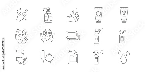 Canvas Print Hygiene and cleaning line icon set with hand wash, sanitizer, soap and disinfec