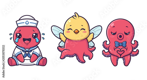 Cute Cartoon Characters with Emotional Expressions and Costumes.