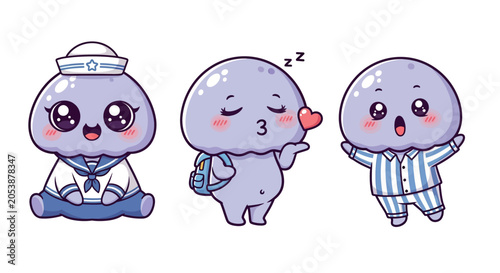 Cute Cartoon Blob Characters in Various Outfits and Moods.