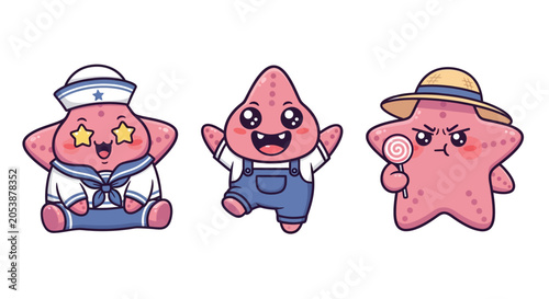 Cute Cartoon Starfish Characters in Various Outfits and Poses.