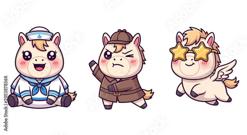 Whimsical Cartoon Unicorn Characters in Fun Costumes.