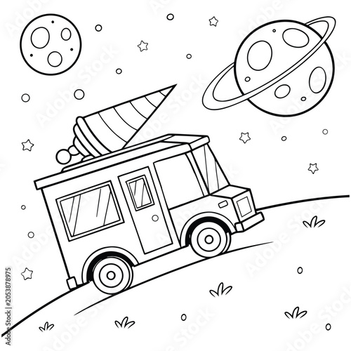 Ice cream truck on space coloring page vector illustration