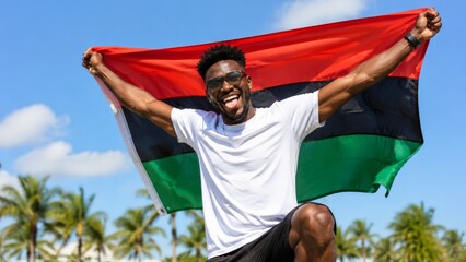 Laughing man holds a red, black, and green flag behind him against a backdrop of palm trees and a bright blue sky