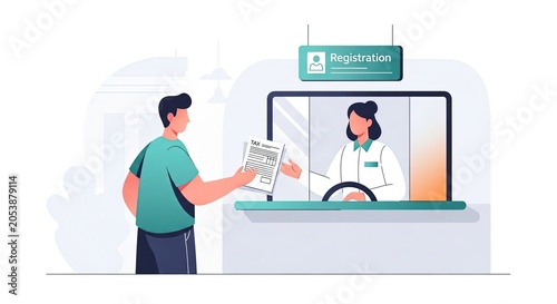 Man submitting tax document to a clerk at a public registration