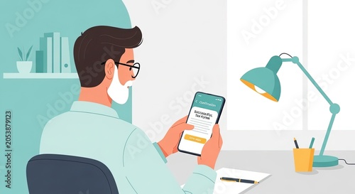 Man reviewing successful tax form submission on smartphone at desk