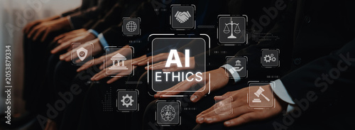 Photos A group of professionals engage in a meaningful conversation about AI ethics, surrounded by icons representing technology, justice, and collaboration in a modern context