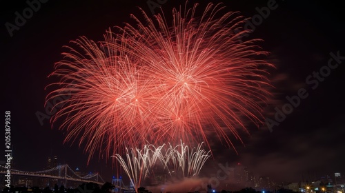 Bright red and orange fireworks exploding in the night sky during a festive celebration