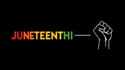 Juneteenth holiday text with a raised black power fist symbol on a dark background for freedom and equality celebration