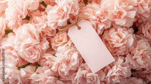 Blank paper gift tag resting on a pile of beautiful light pink rose flower petals for a romantic greeting card design