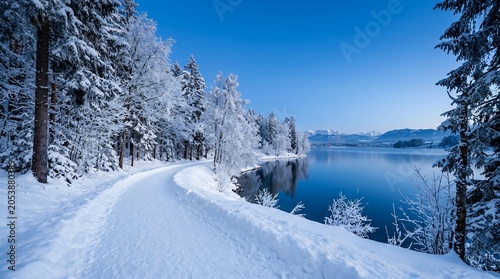 Snowy winter road by serene lake and forest landscape