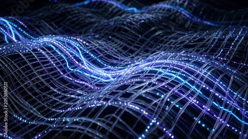 Flowing Fiber Optic Cable Grid Emitting Neon Blue Pulses