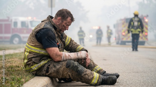 Exhausted Firefighter Sitting on Curb After Intense Firefighting Operation.