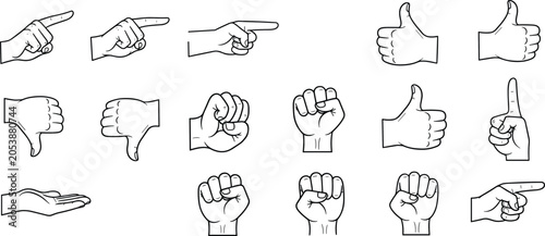 Slika na platnu Hand gesture silhouettes, pointing thumbs up down icons, communication signal ve