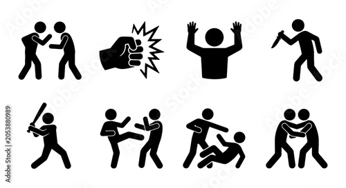 Fotografie Violence Icons Set, Conflict Pictograms, Aggression Symbols, Fighting Actions, C